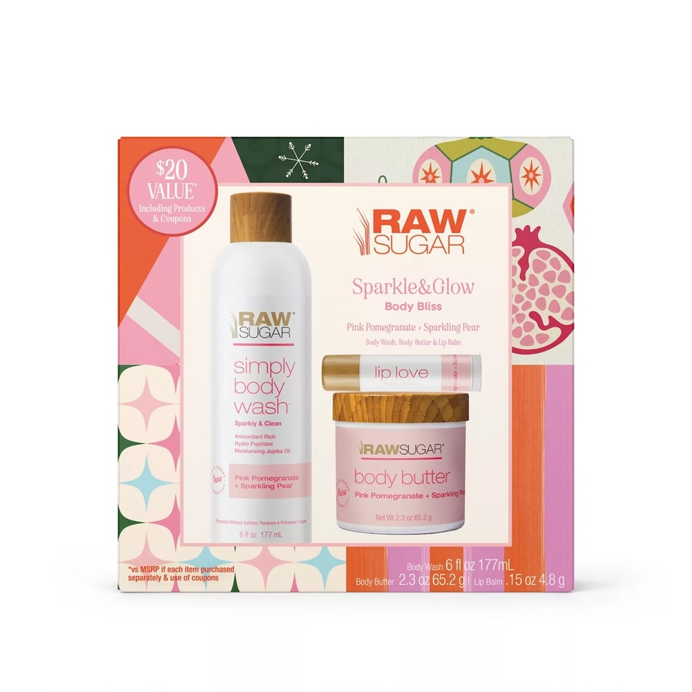 Raw Sugar 3 PC Sparkle & Glow Body Bliss Care Set Pomegranate Sparkling Pear